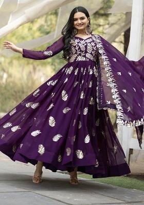 Purple Sequence Thread Work Georgette Gown With Dupatta