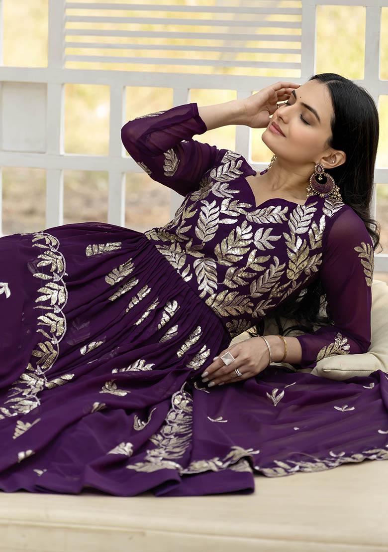 Purple Sequence Thread Work Georgette Gown With Dupatta - Indya