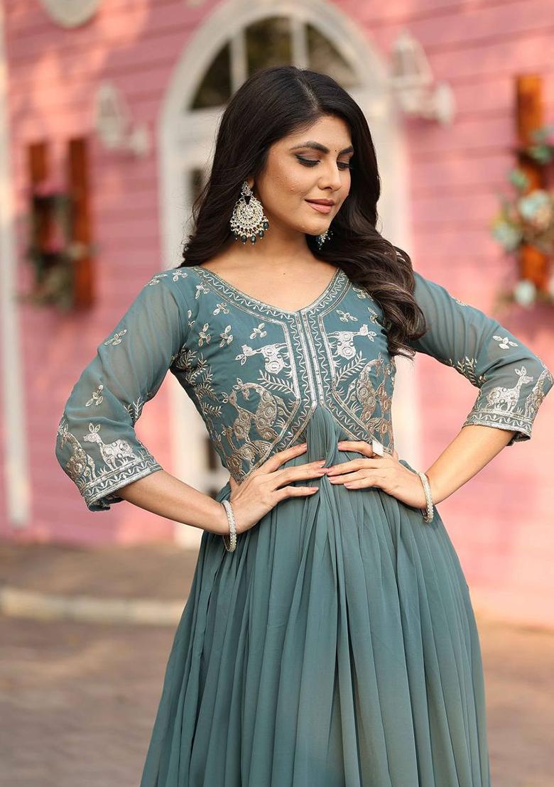 Mint Sequence Work Georgette Gown - Indya