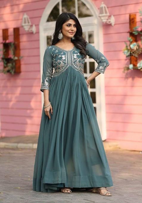 Mint Sequence Work Georgette Gown