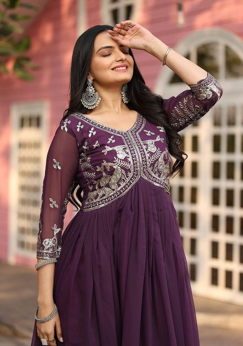 Wine Sequence Work Georgette Gown - Indya
