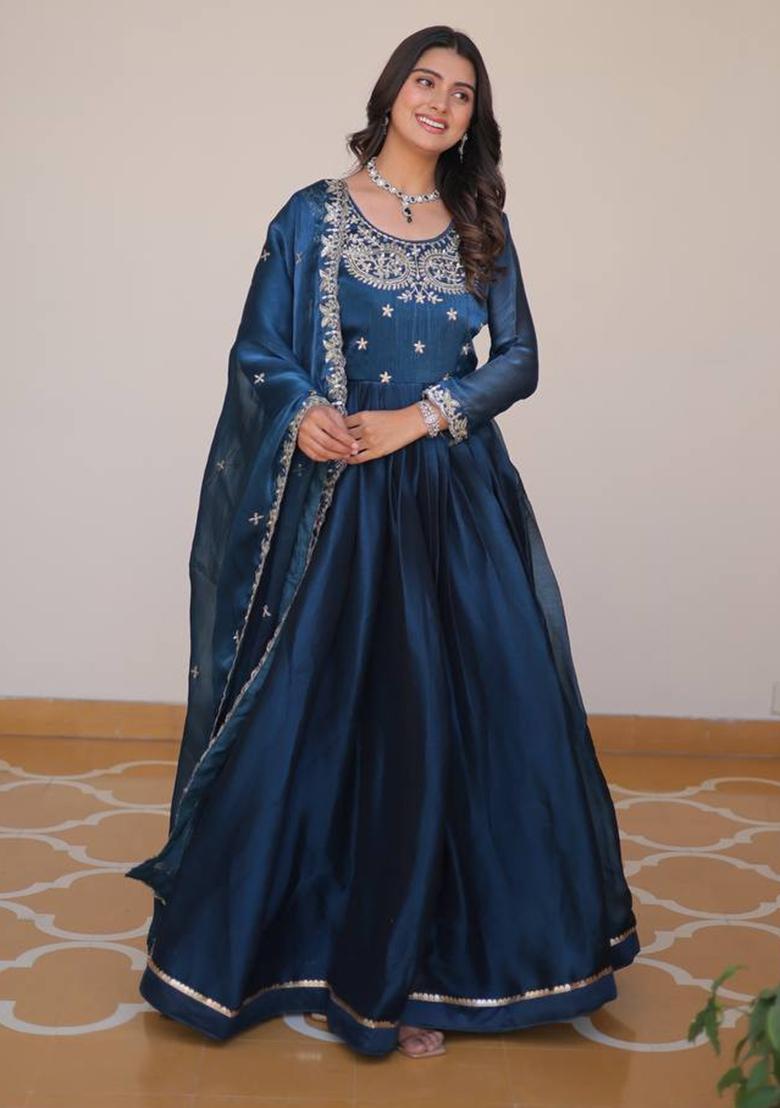 Teal Embroidery Silk Gown With Dupatta - Indya