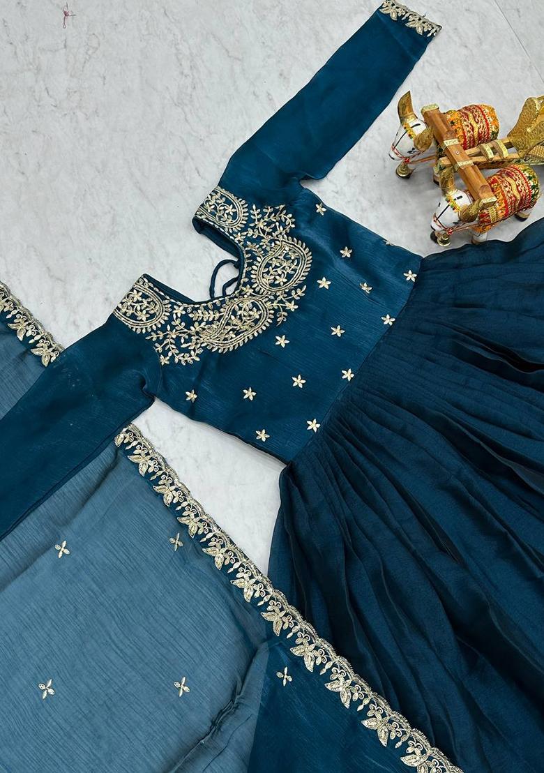 Teal Embroidery Silk Gown With Dupatta - Indya