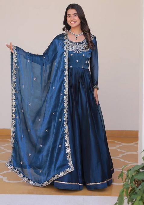 Teal Embroidery Silk Gown With Dupatta