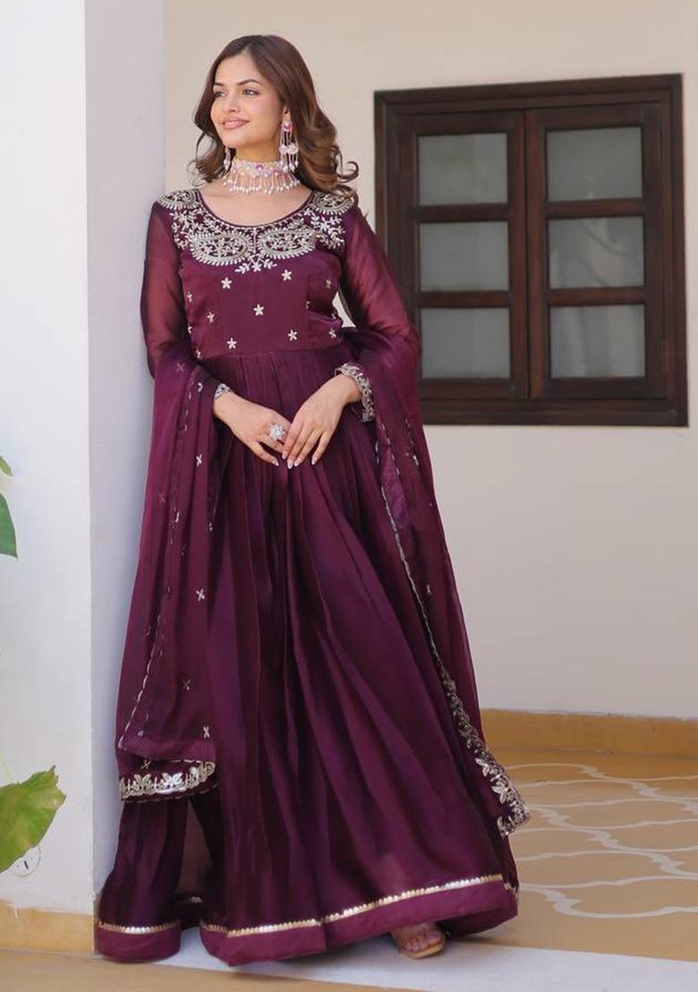 Wine Embroidery Silk Gown With Dupatta - Indya