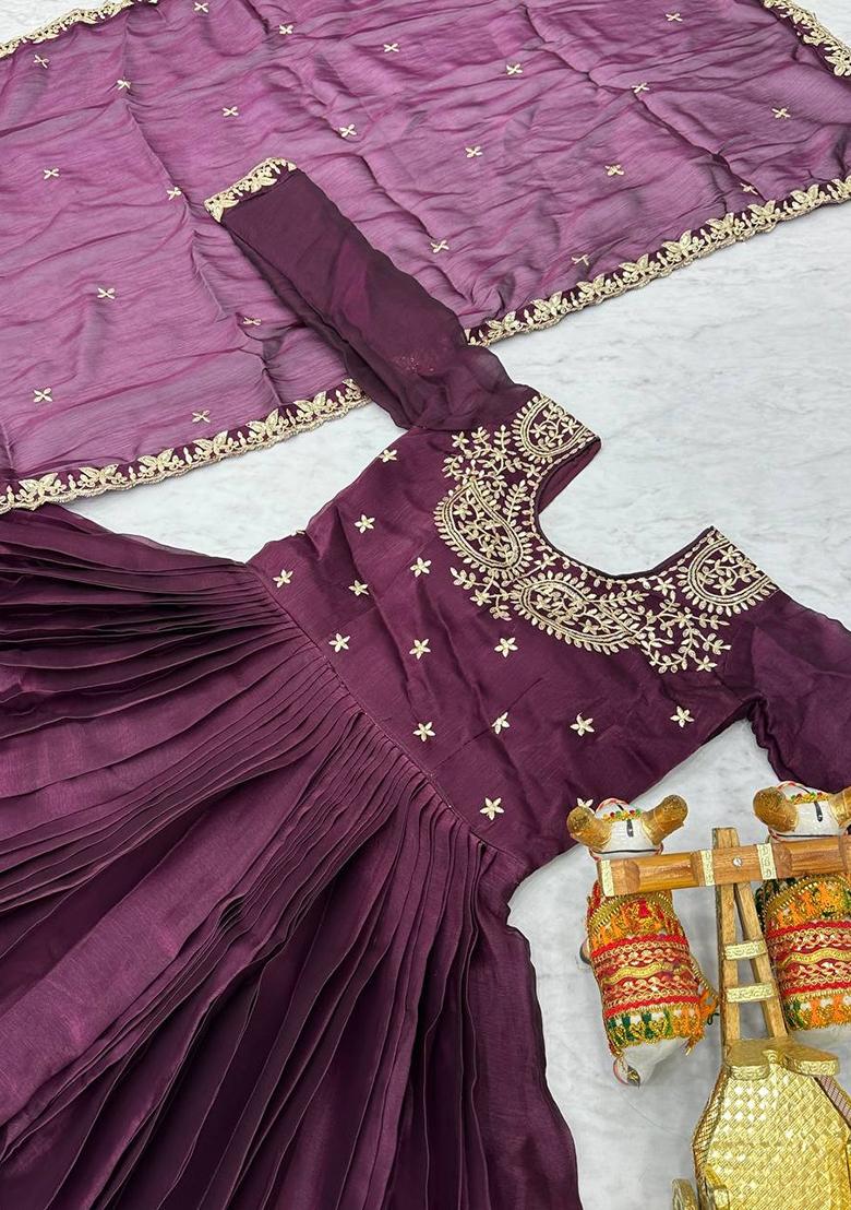Wine Embroidery Silk Gown With Dupatta - Indya