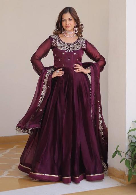 Wine Embroidery Silk Gown With Dupatta