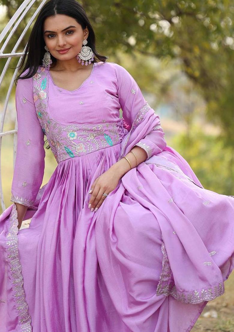 Lavender Embroidery Chinon Gown With Dupatta - Indya
