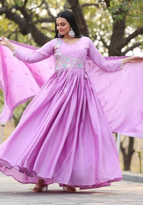 Lavender Embroidery Chinon Gown With Dupatta