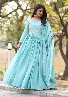 Sky Blue Embroidery Chinon Gown With Dupatta