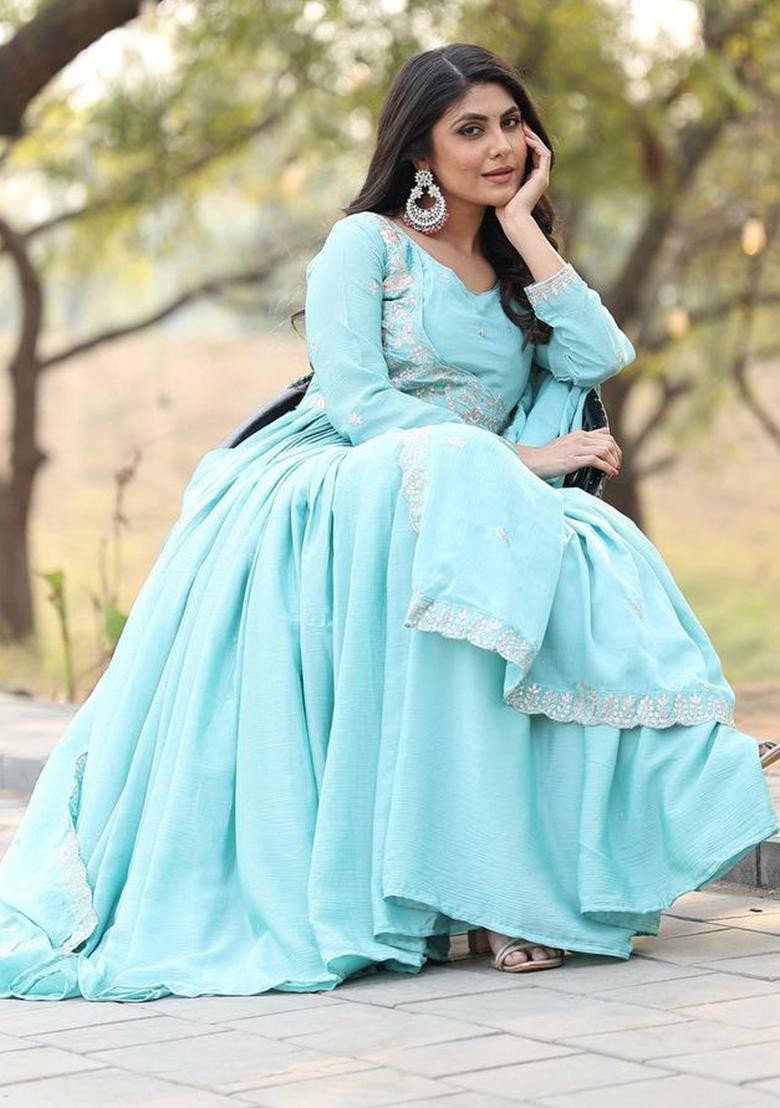 Sky Blue Embroidery Chinon Gown With Dupatta - Indya