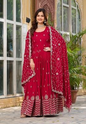 Maroon Embroidery Silk Gown With Dupatta