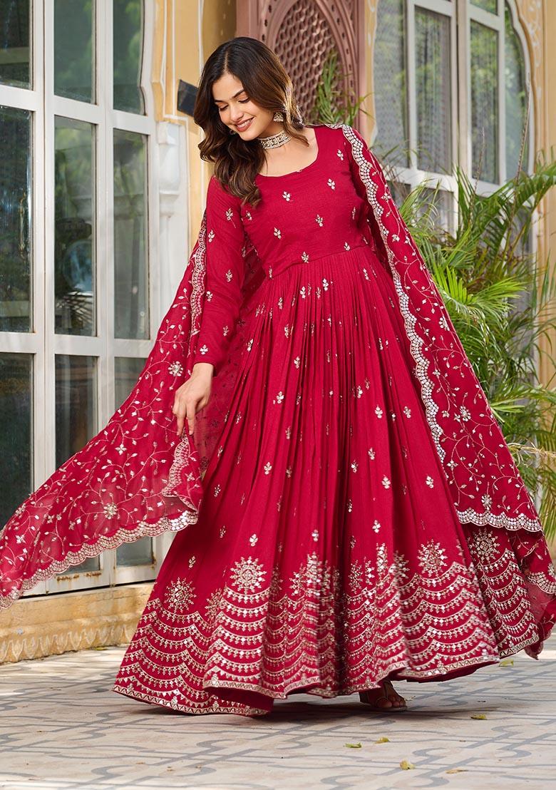 Maroon Embroidery Silk Gown With Dupatta - Indya
