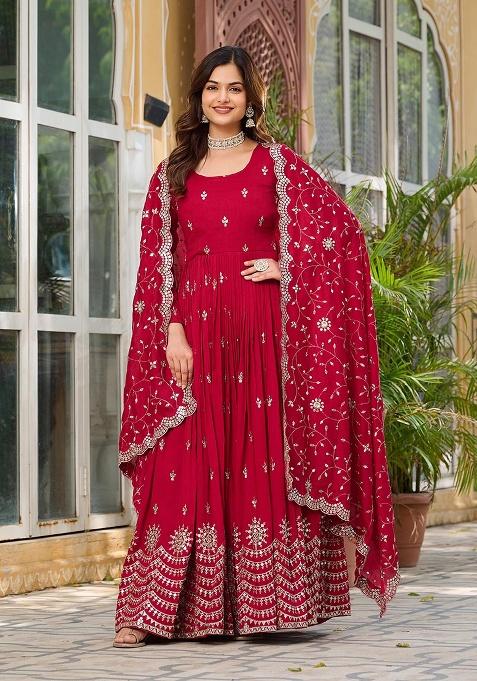 Maroon Embroidery Silk Gown With Dupatta