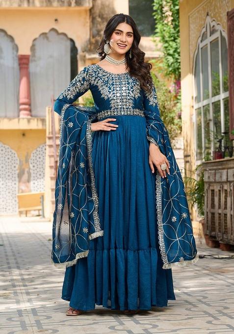 Teal Embroidery Silk Gown With Dupatta