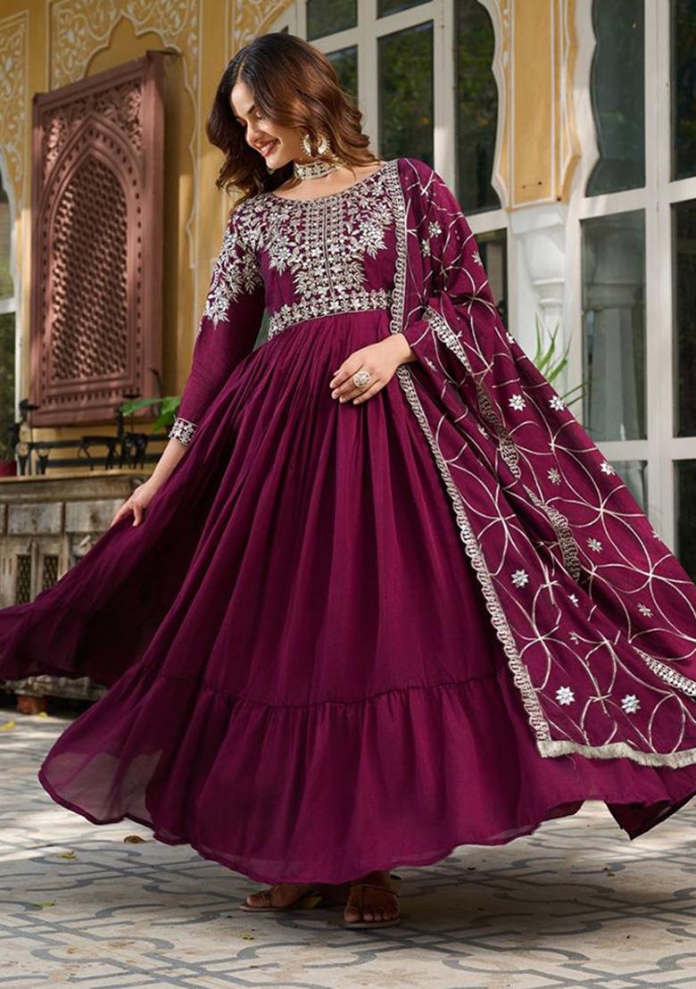 Wine Embroidery Silk Gown With Dupatta - Indya