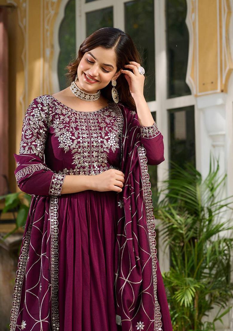 Wine Embroidery Silk Gown With Dupatta - Indya