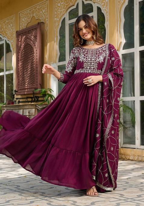 Wine Embroidery Silk Gown With Dupatta