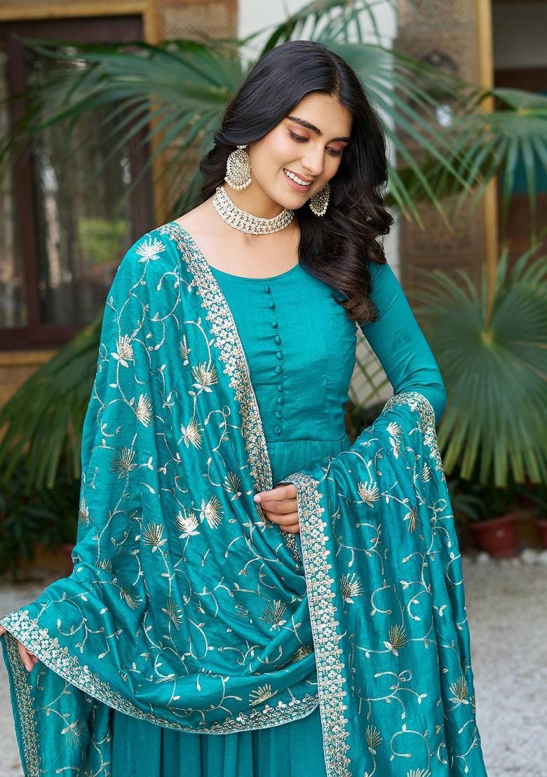 Blue Embroidery Silk Gown With Dupatta - Indya