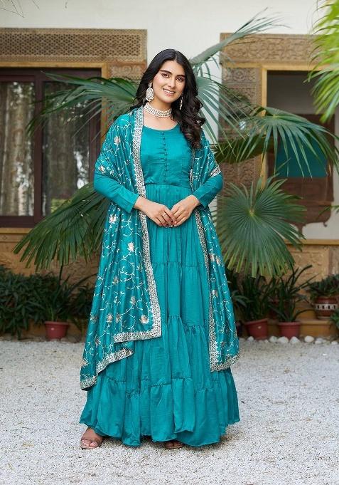 Blue Embroidery Silk Gown With Dupatta