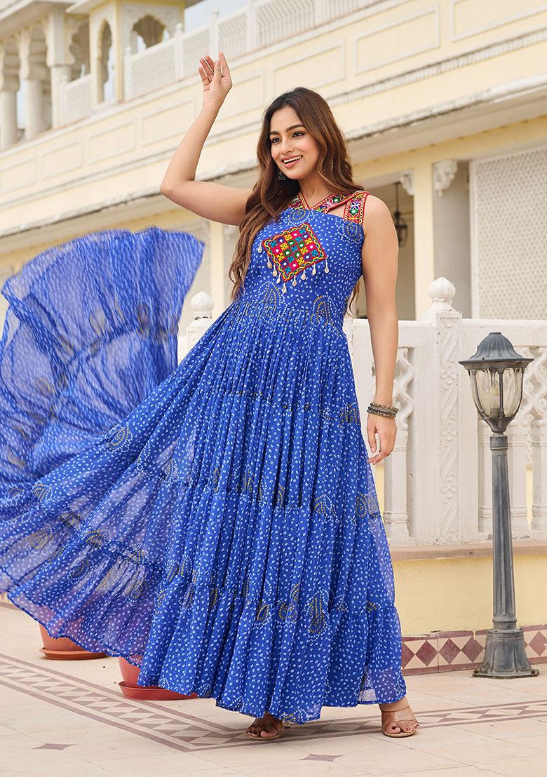 Blue Gamthi Work Georgette Gown - Indya