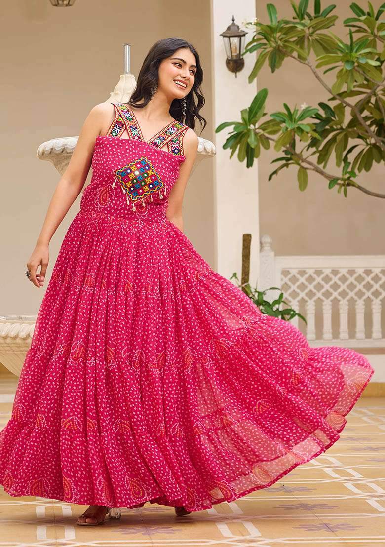 Pink Bandhani Georgette Anarkali - Indya
