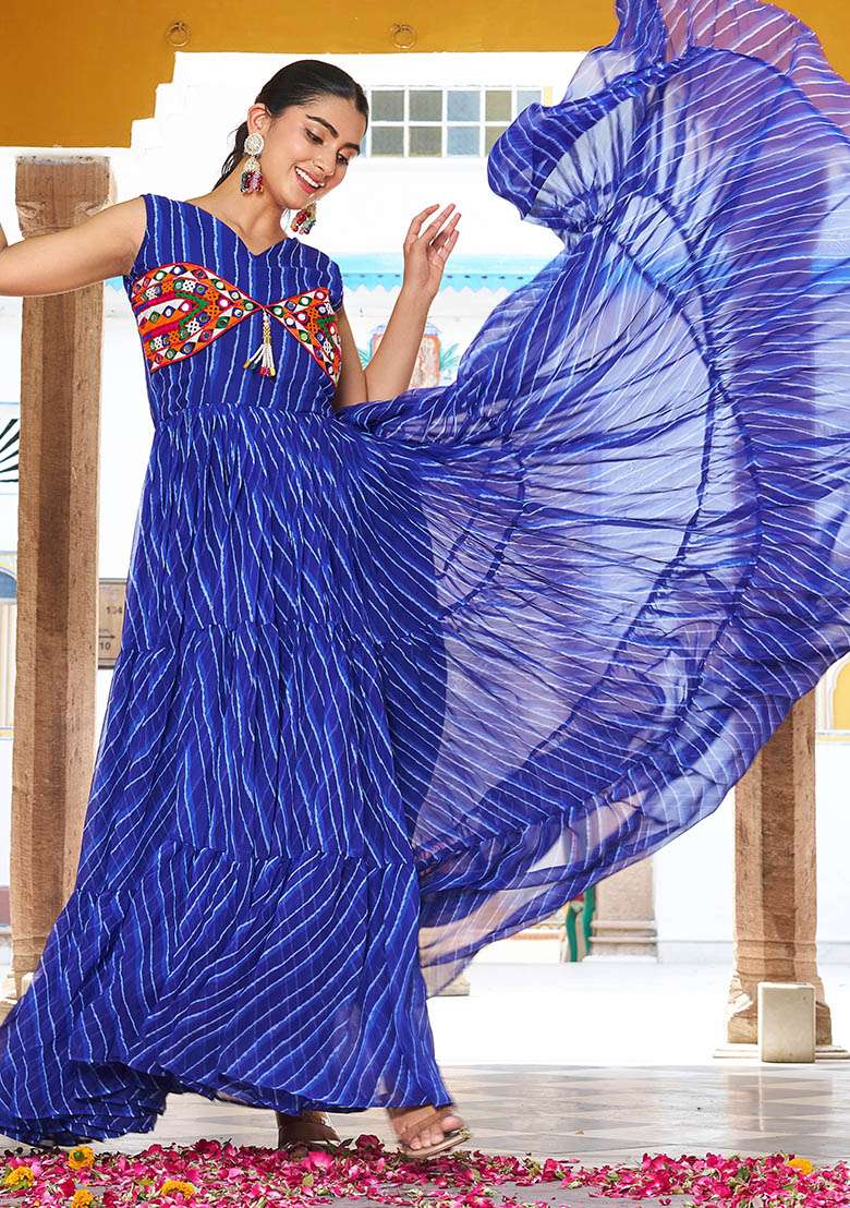 Blue Striped Georgette Anarkali - Indya