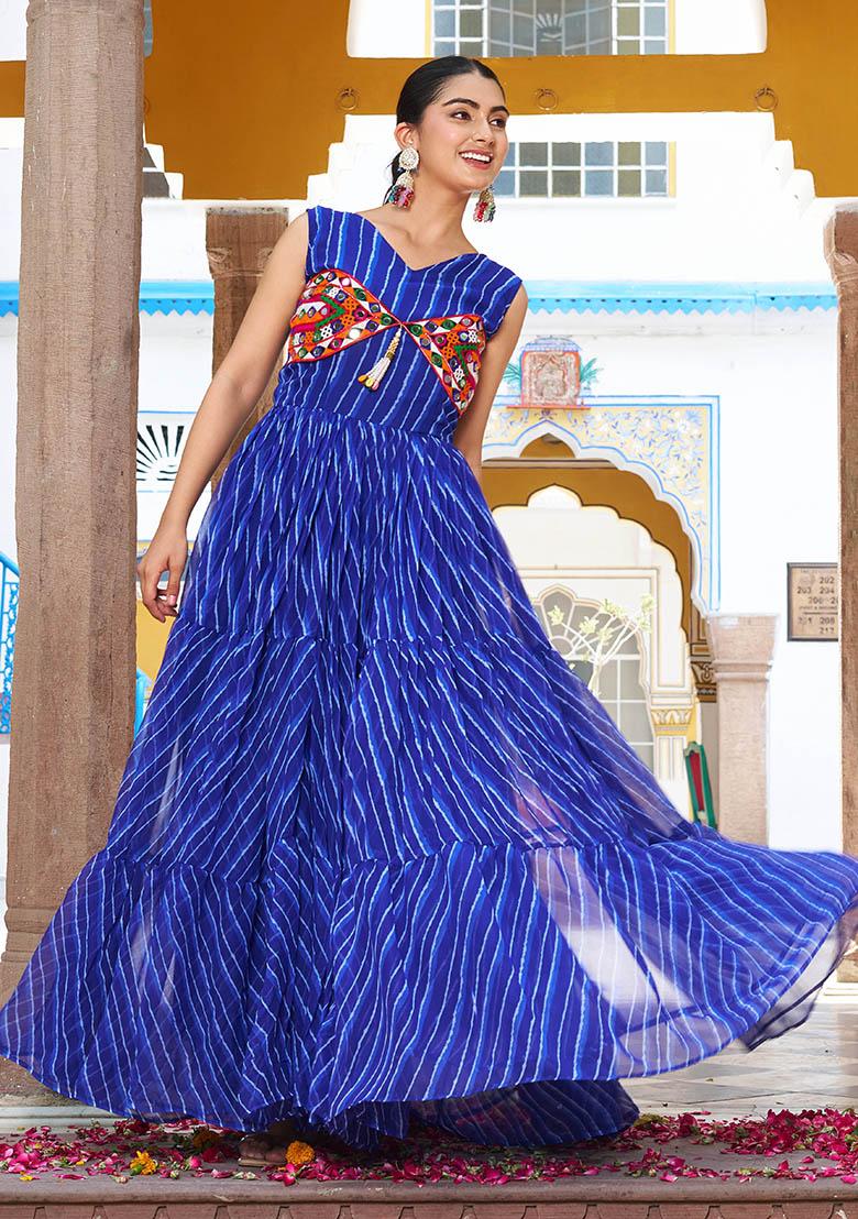 Blue Printed Georgette Gown - Indya