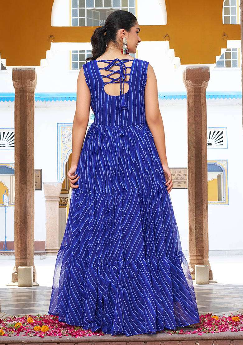 Blue Striped Georgette Anarkali - Indya