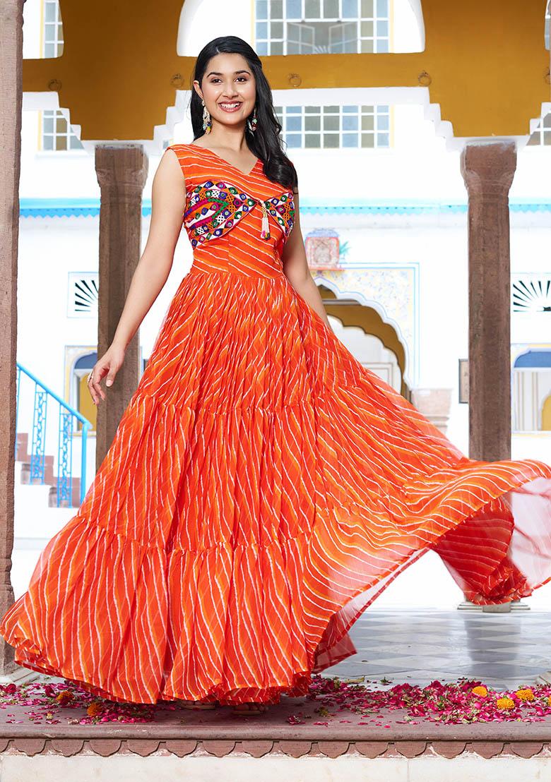 Orange Printed Georgette Gown - Indya