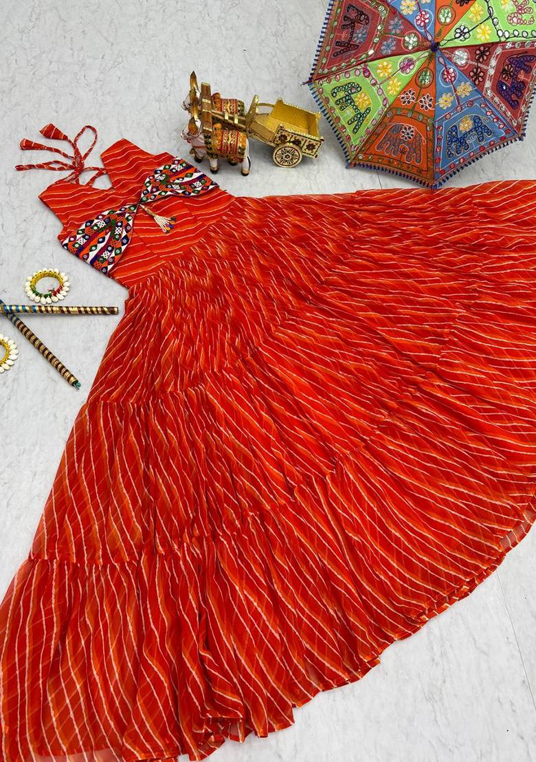 Orange Printed Georgette Gown - Indya