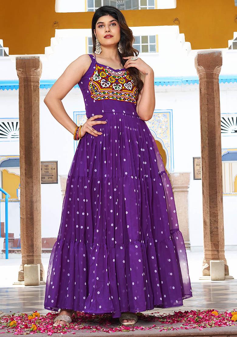 Purple Printed Georgette Gown - Indya