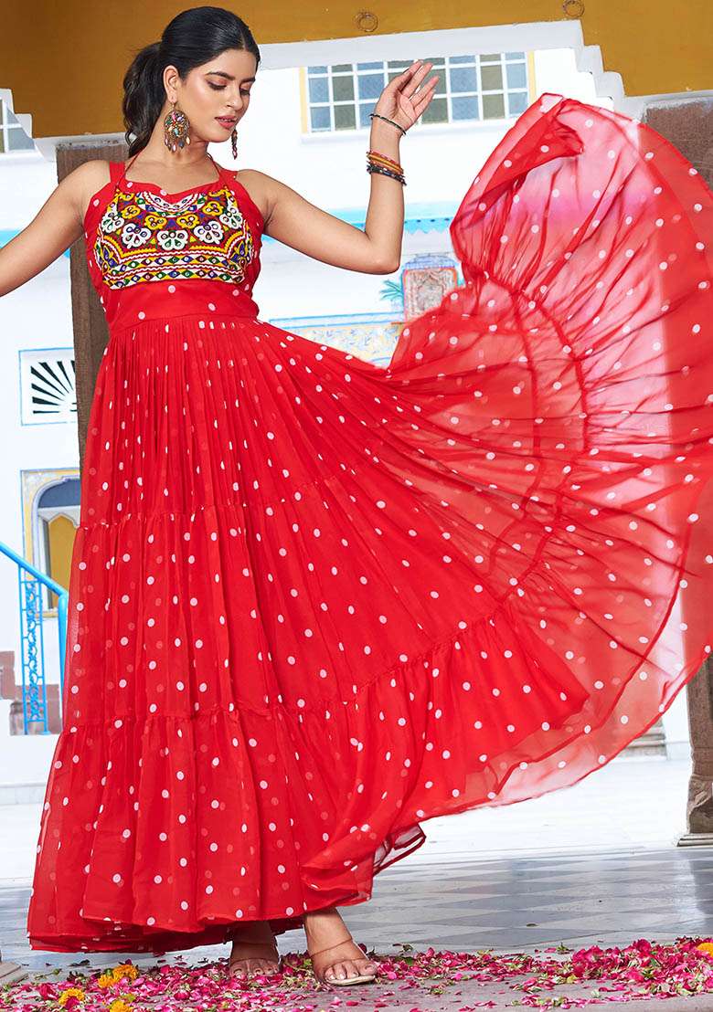 Red Printed Georgette Gown - Indya