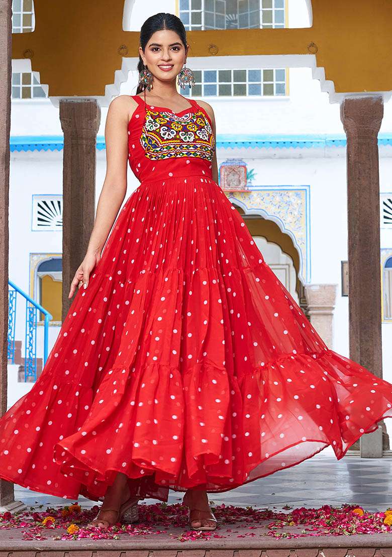 Red Printed Georgette Gown - Indya