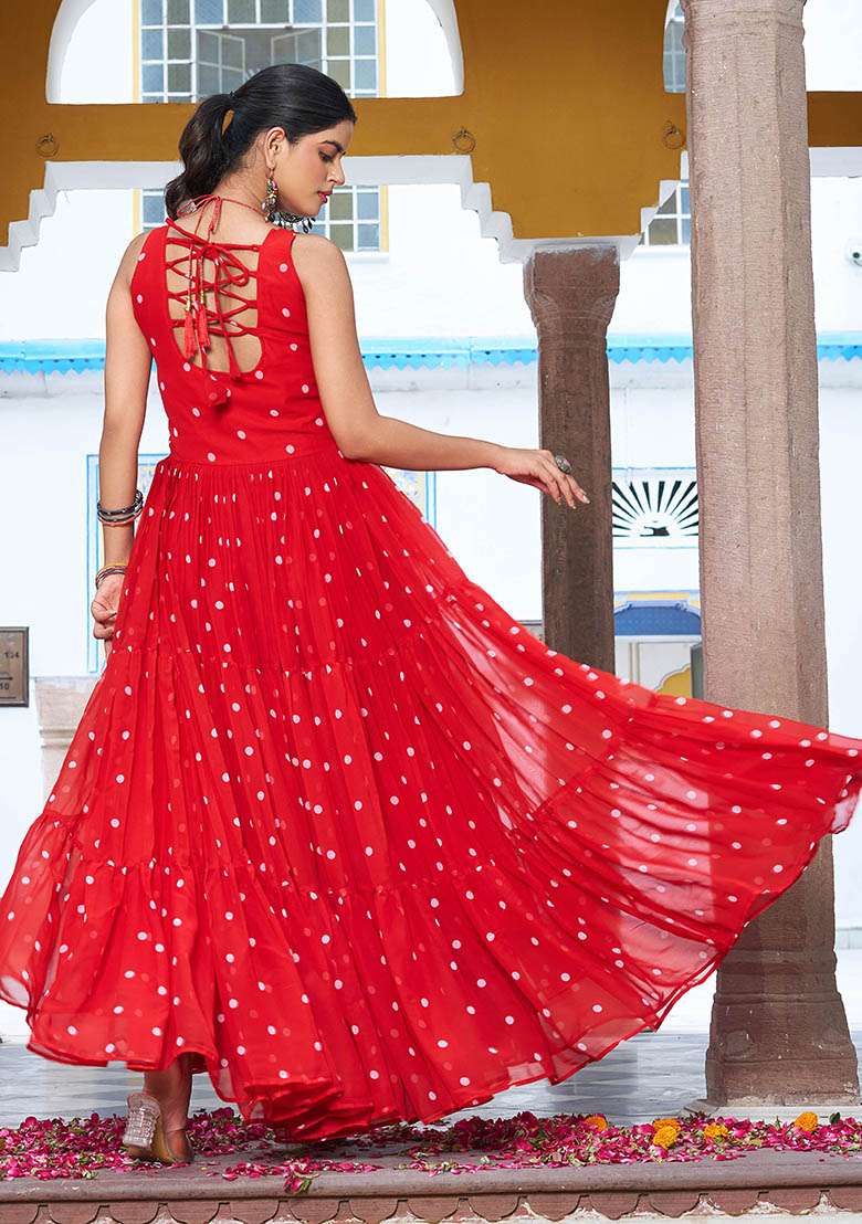 Red Printed Georgette Gown - Indya