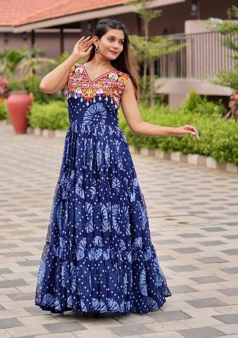 Blue Gamthi Work Georgette Gown - Indya