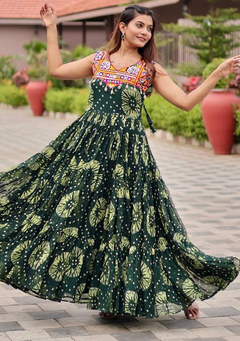Green Gamthi Work Georgette Gown - Indya