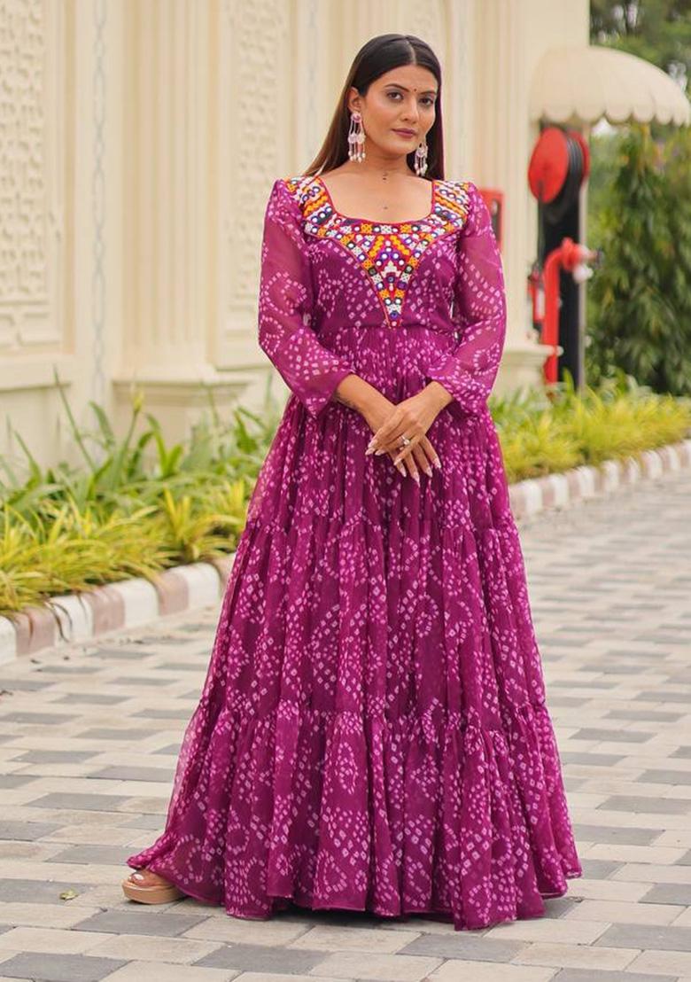 Purple Gamthi Work Georgette Gown - Indya