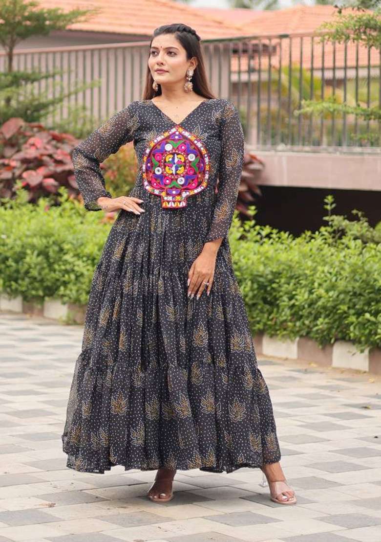 Black Printed Georgette Kurta - Indya