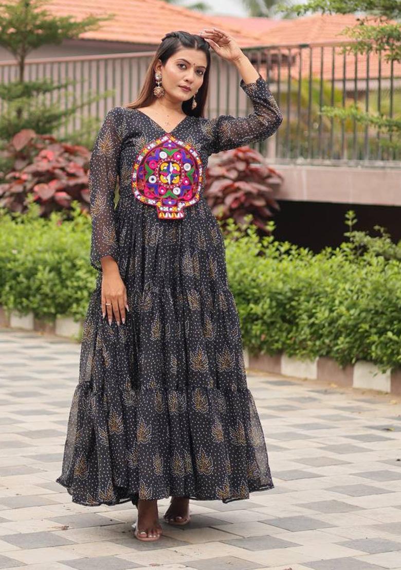 Black Gamthi Work Georgette Gown - Indya