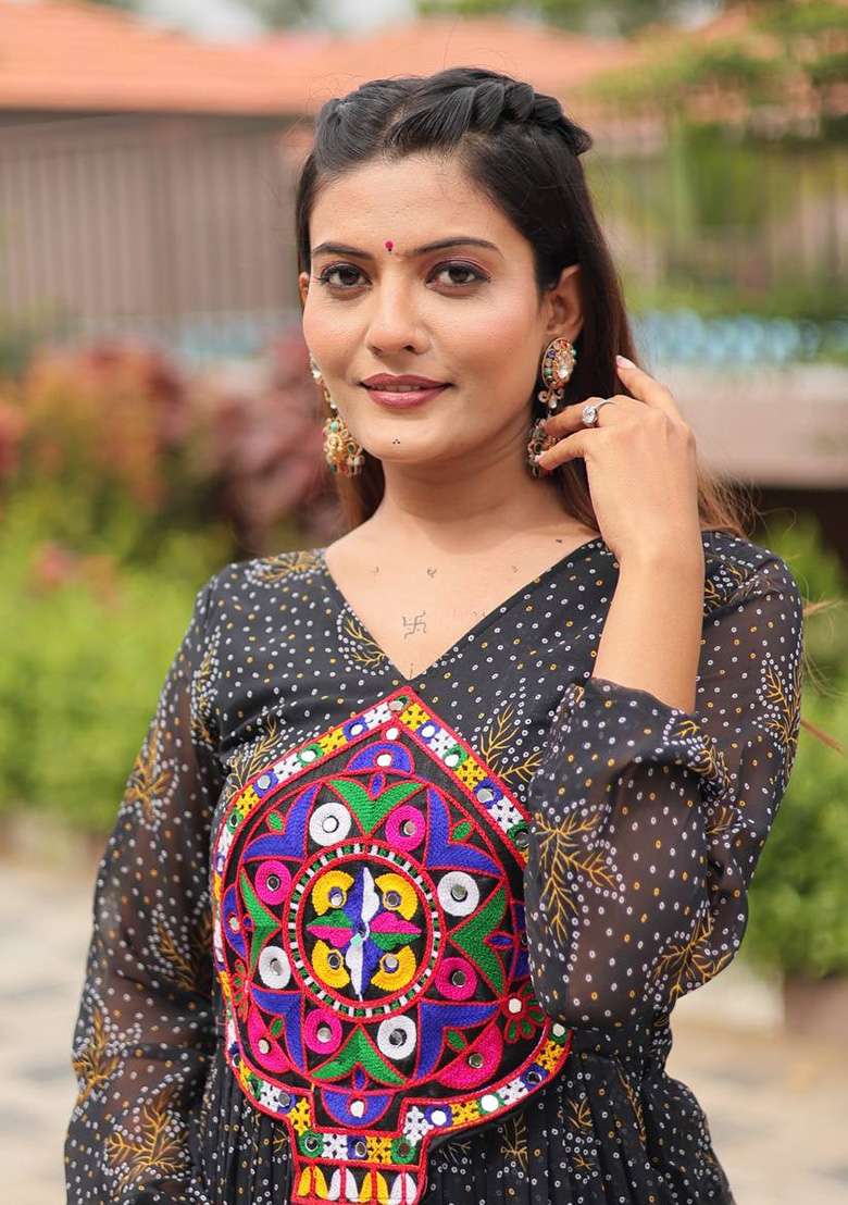 Black Printed Georgette Kurta - Indya