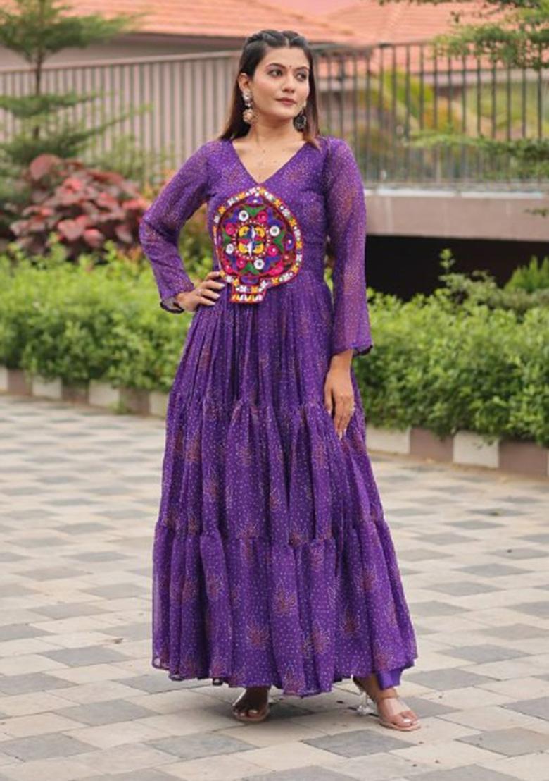 Purple Gamthi Work Georgette Gown - Indya