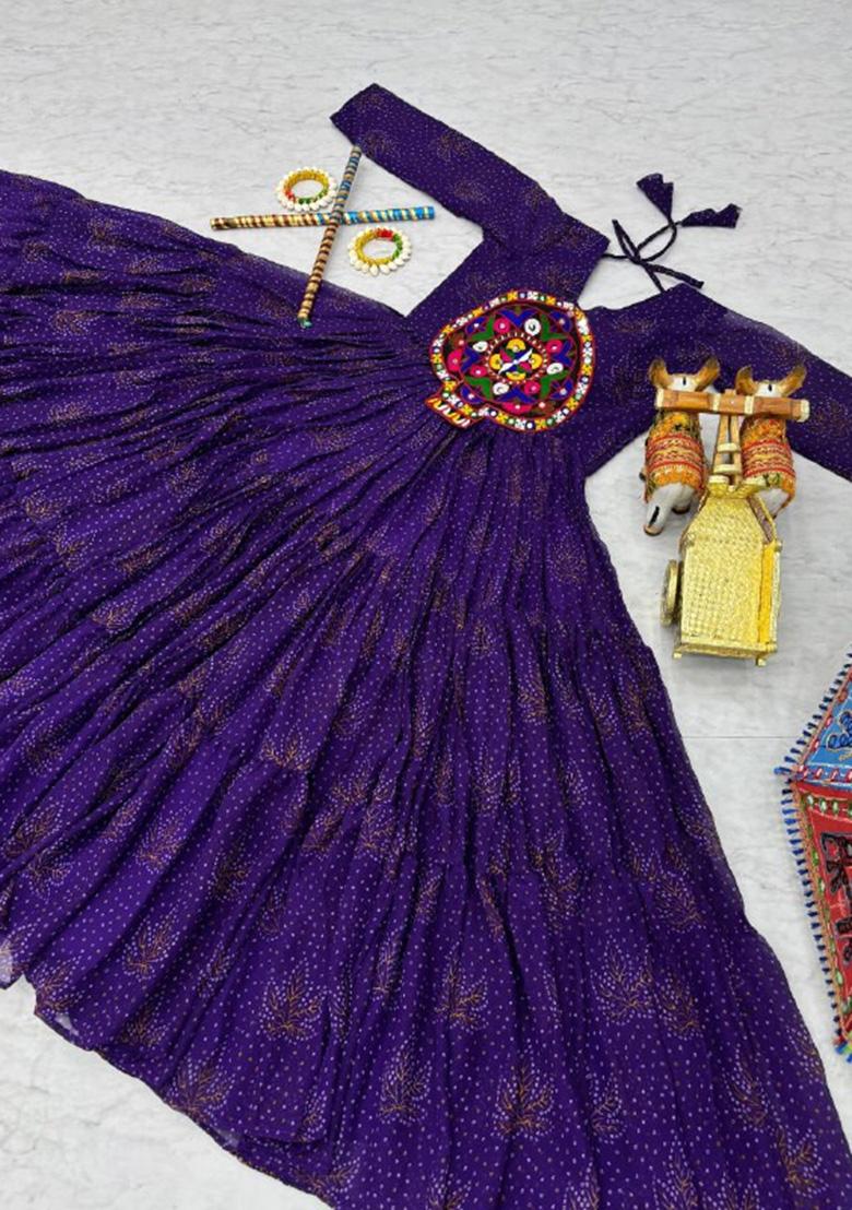 Purple Gamthi Work Georgette Gown - Indya