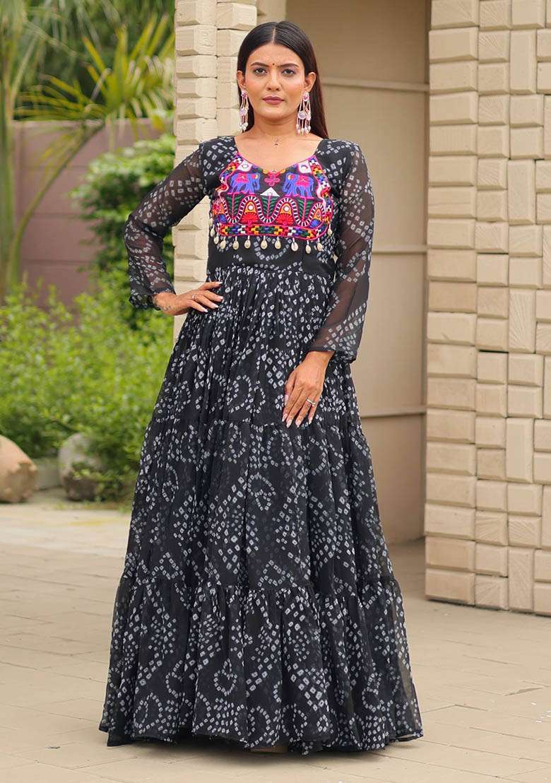 Black Bandhani Georgette Anarkali - Indya