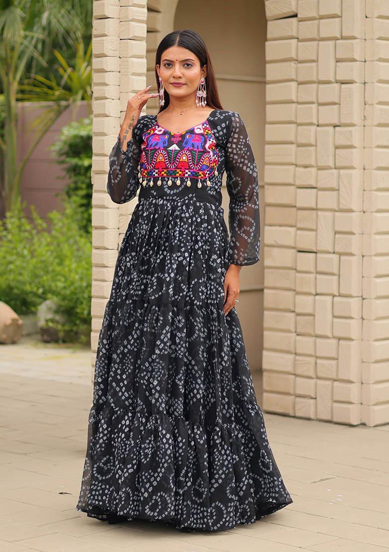 Black Embroidery Georgette Gown - Indya