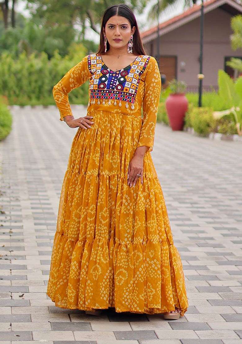 Yellow Bandhani Georgette Anarkali - Indya