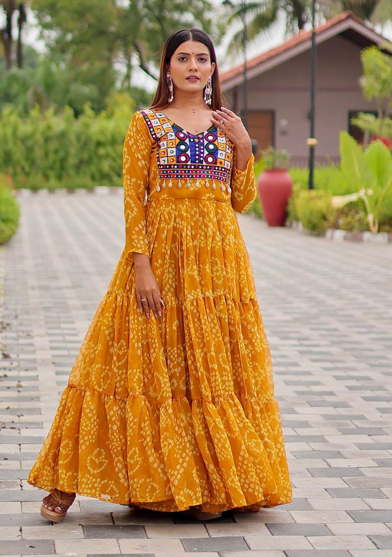 Yellow Embroidery Georgette Gown - Indya