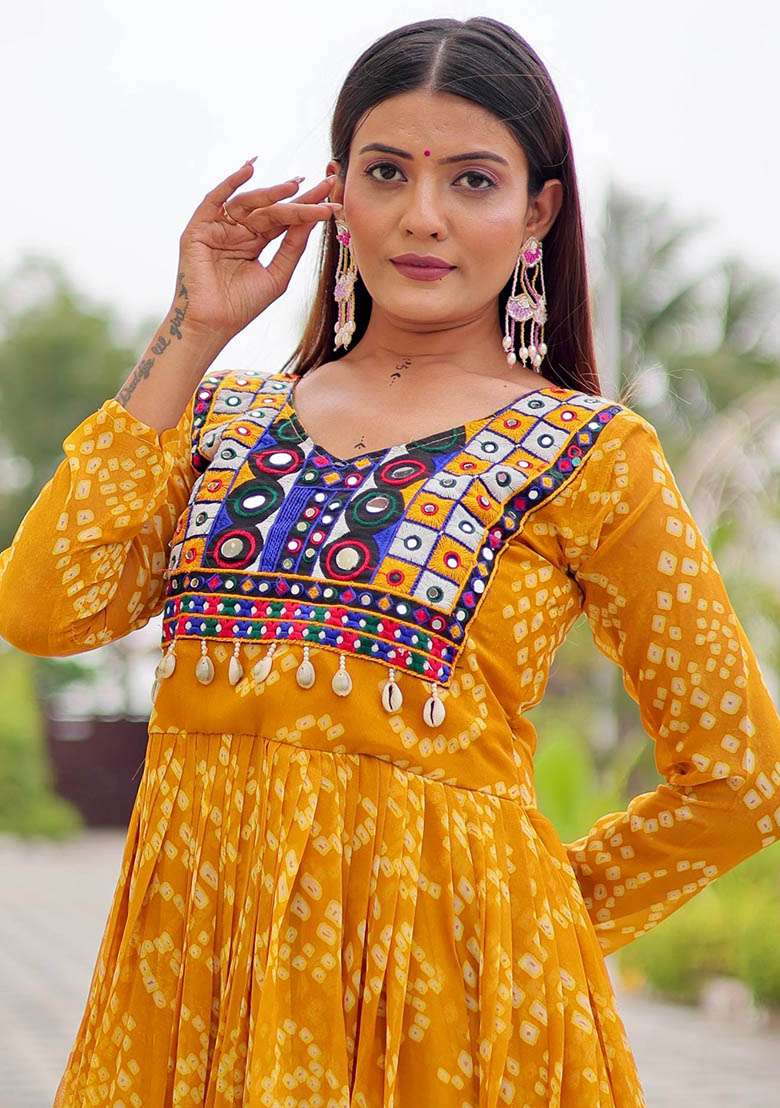 Yellow Bandhani Georgette Anarkali - Indya