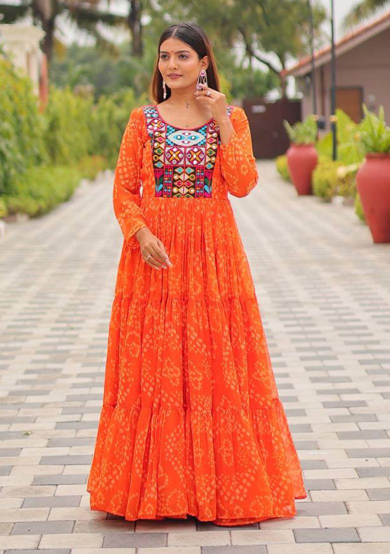 Orange Embroidery Georgette Gown - Indya
