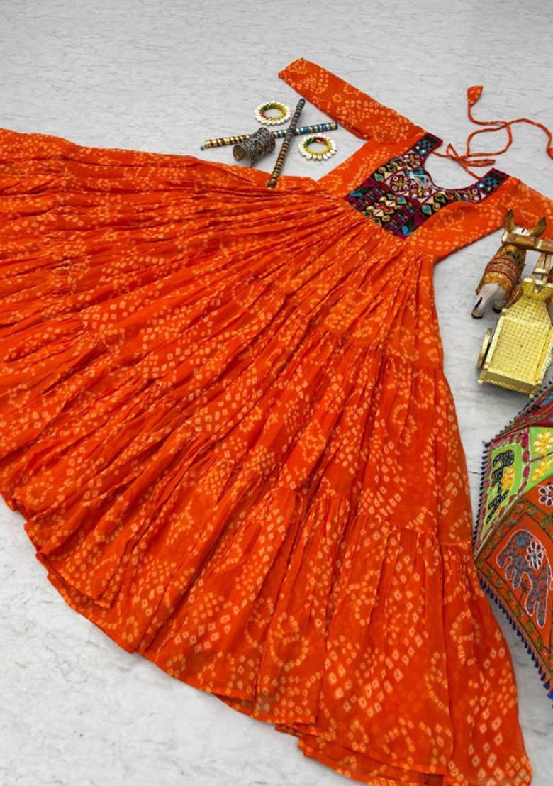 Orange Embroidery Georgette Gown - Indya